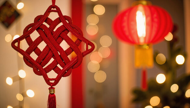 Festive red Chinese knot ornament hanging indoors, Lunar New Year celebration