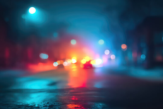 Blurred city street with neon lights wet pavement reflecting colorful glow night urban scene vibrant atmosphere festive mood abstract bokeh celebration dreamy effect