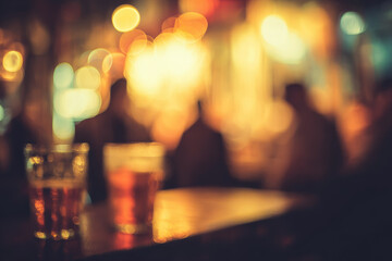 Blurred bar scene with friends enjoying drinks, warm lighting, and relaxed atmosphere, creating cozy social vibe with defocused people and glowing bokeh in background