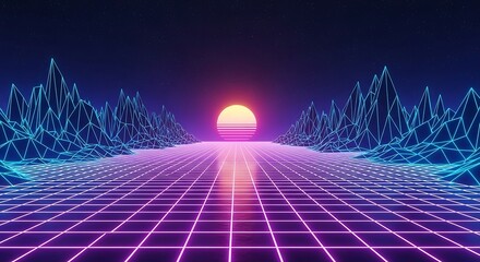 Vibrant neon synthwave sunset landscape with digital grid and futuristic wireframe mountains