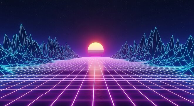 Vibrant neon synthwave sunset landscape with digital grid and futuristic wireframe mountains - Powered by Adobe