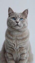 Obraz premium Portrait of a gray tabby cat with blue eyes sitting against a neutral background, fluffy fur and calm expression