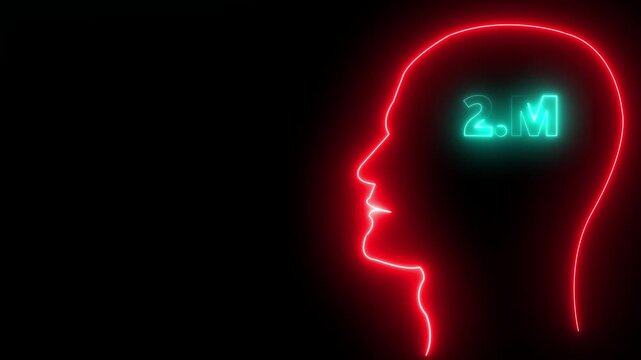 Installing 2M concept in human head profile.7m one million neon glowing text animation on black background, 2 Million achievement for social media videos .
