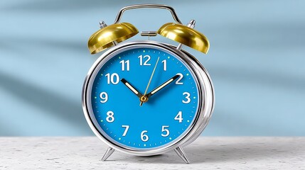 Classic round alarm clock with a vibrant blue face and golden bells, placed on a textured surface, showcasing time management and punctuality in a modern setting
