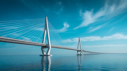 Spectacular cable stayed bridge over calm sea on a clear day