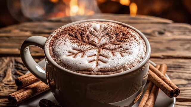 Warm cup of cocoa with snowflake design, cozy winter atmosphere around a fire, cinnamon sticks enhancing the holiday flavor
