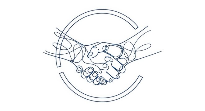 Minimalist line art illustration of a handshake representing agreement, cooperation, and - Powered by Adobe
