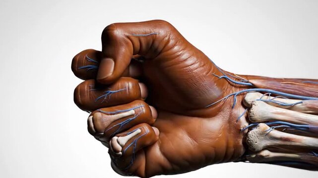 A dark skinned hand clenched into a fist showing the bones and veins on a white background