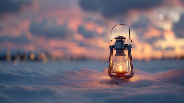 雪原に置かれたランタンと夕暮れ