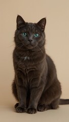 Obraz premium Charming black cat with green eyes sitting on beige background, alert expression, fluffy fur, whiskers, cute domestic pet portrait