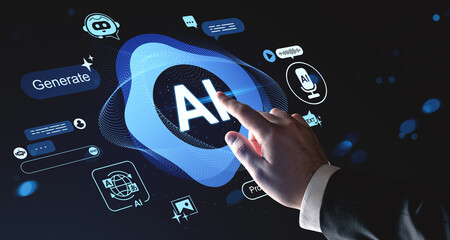 Futuristic hand interacting with AI interface and tech holograms for creative artificial intelligence generation concept on dark digital background.