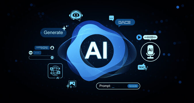 AI technology concept interface with glowing icons and blue abstract wave pattern on blurred futuristic background in digital 3D rendering style. 3D Rendering