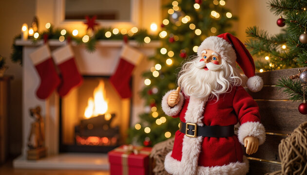 Santa Claus figurine smiling by a cozy fireplace, holiday warmth
