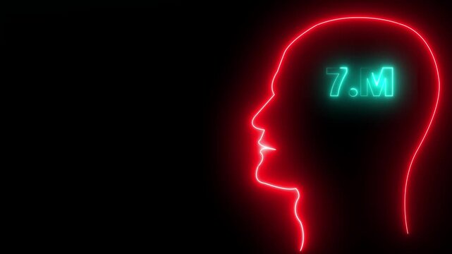 Installing 7M concept in human head profile.7m one million neon glowing text animation on black background, 7 Million achievement for social media videos .