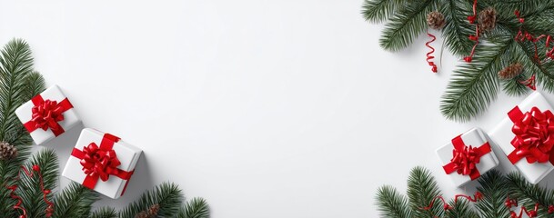 White Background with Christmas Gift Boxes and Pine Branches for Holiday Design Projects