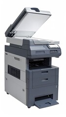 Tall office copier, lid open on white backdrop