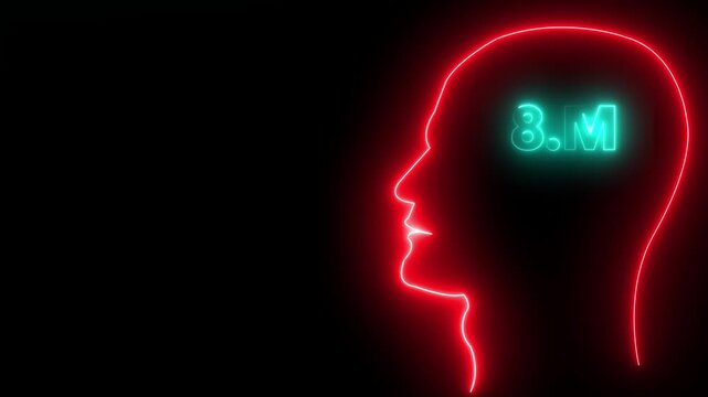 Installing 8M concept in human head profile.7m one million neon glowing text animation on black background, 8 Million achievement for social media videos .
