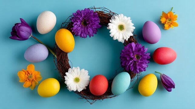 Colorful Easter eggs arranged in a circular wreath of flowers on a vibrant blue background, showcasing festive decorations and springtime celebration elements for joyful occasions