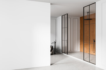 Empty white wall in modern interior bathroom with glass shower and wood panel accents, ideal for poster mockup or art display template scene. 3D Rendering