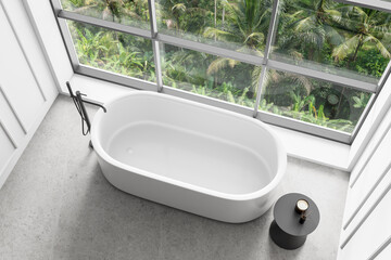 Top view of modern bathroom interior with white bathtub and large window overlooking tropical jungle landscape, minimal design concept. 3D Rendering
