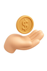 STYLE 3D render, A hand holding a coin icon, clean palm shape in beige and gold tones, isolated on a transparent background