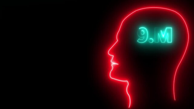 Installing 9M concept in human head profile.7m one million neon glowing text animation on black background, 9 Million achievement for social media videos .
