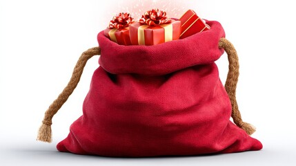 Red fabric sack filled with colorful wrapped gifts and decorative bows, symbolizing the joy of giving during festive celebrations and holiday seasons, perfect for seasonal marketing and promotions