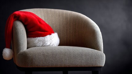 Cozy armchair adorned with a festive red Santa hat, set against a dark background, creating a warm holiday atmosphere perfect for seasonal decorations and celebrations
