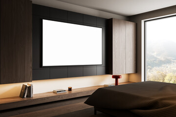 Blank TV screen mockup in modern hotel bedroom interior with wooden furniture and large window view for clean design display template layout concept. 3D Rendering