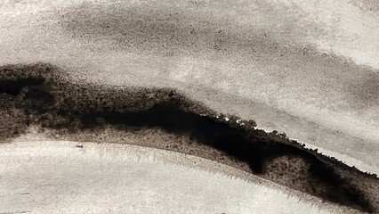 Abstract sumi-e ink painting with flowing brush strokes, hand-drawn monochrome background illustration on washi paper, featuring uneven, blurred, and bleeded textures.