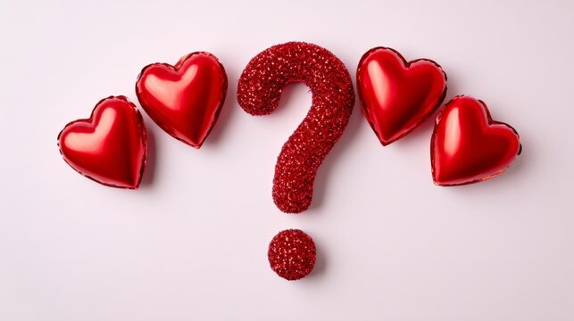 Red glitter question mark surrounded by shiny heart-shaped balloons on a soft pastel background, symbolizing love, romance, and curiosity in a festive atmosphere for special occasions
