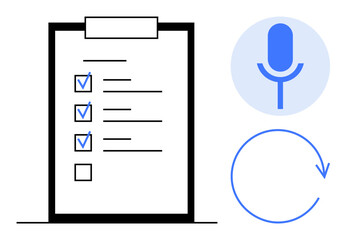 Clipboard checklist with marked tasks, blue microphone for voice commands, and circular arrow for repeat or feedback. Ideal for productivity, task management, workflow, automation, feedback