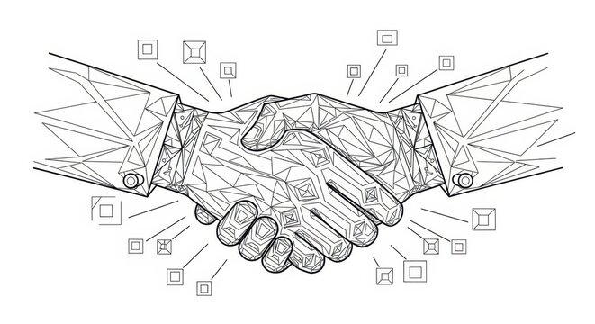Abstract handshake of geometric shapes symbolizing business agreement and digital collaboration - Powered by Adobe