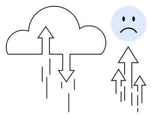 Cloud computing concept. Cloud symbol depicting data exchange processes with upward and downward arrows. Cloud computing efficiency, challenges, data flow management. For IT, networking, technology