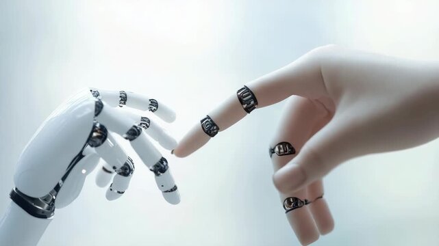 Video A robotic hand extending towards a human hand in a symbolic gesture of connection and cooperation