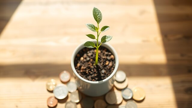 scion. A small plant growing in a ceramic pot with coins at its base, symbolizing growth and finance. pitch deck slides.