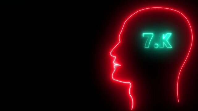 Installing 7k concept in human head profile.Congratulations. subscribers. neon number. Alpha channel animation in Easy to put into any video. neon 6k Follower neon Text And Firework Animation Subscrib