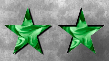 Two kaleidoscope-like sparkling metallic green stars, textured with bumps and grooves, 3D-style metallic green stars