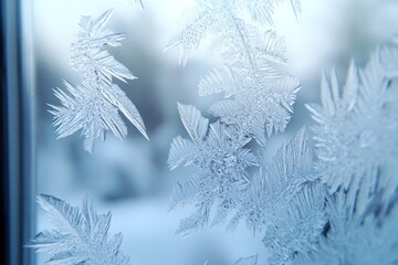 Obraz premium A serene winter scene with delicate ice formations on a window, capturing the essence of frost and tranquility.