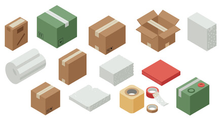 Fototapeta premium Isometric packaging set with boxes, bubble wrap, and tapes for shipping