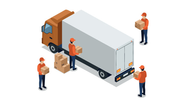 Isometric delivery truck and workers unloading packages on white background