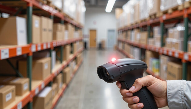 Handheld barcode scanner beeping in stockroom, efficient inventory management - Powered by Adobe
