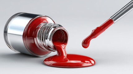 A close-up of a spilled bottle of glossy red nail lacquer with the applicator brush dripping onto a clean white surface