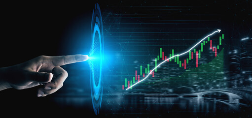 A hand reaches out towards a luminous digital graph, illustrating stock market trends and growth. The futuristic visualization represents finance and technology. Impute