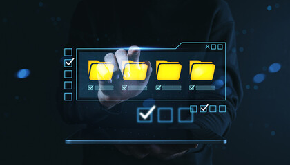 Digital file management concept with glowing yellow folders on transparent futuristic interface...