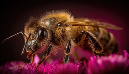 Close-up of a honeybee on pink flower petals, detailed texture, dark background