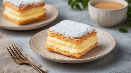 Fictional Cremeschnitte (krem&oacute;wka), a custard and chantilly cream cream cake dessert on an elegant off-white plate with fork. A cup of coffee is next to it.