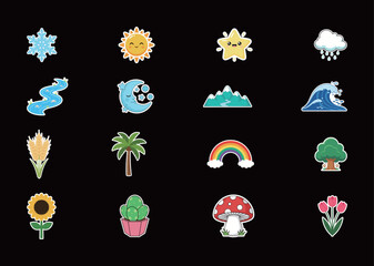 Naklejka premium An Expansive Set of Cute Cartoon Nature, Weather, and Plants Stickers, Icons, and Symbols Collection, including elements like the sun, rainbow, flowers, snowflakes, and mountains
