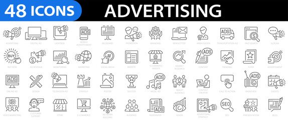 Advertising 48 line icon set. Marketing, ads, promotion, branding, campaign, ambassador, website, banner, announcement, billboard, poster and more. Editable stroke. Vector illustration