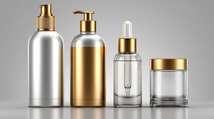 Naklejka premium Collection of empty cosmetic containers with gold accents, including bottles and jars for beauty products